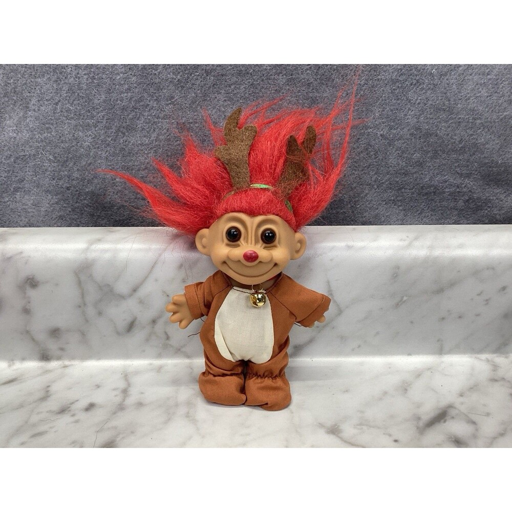 Russ Vintage 5" Christmas Troll Rudolph Red Nose Reindeer Red Hair Antlers /Bell